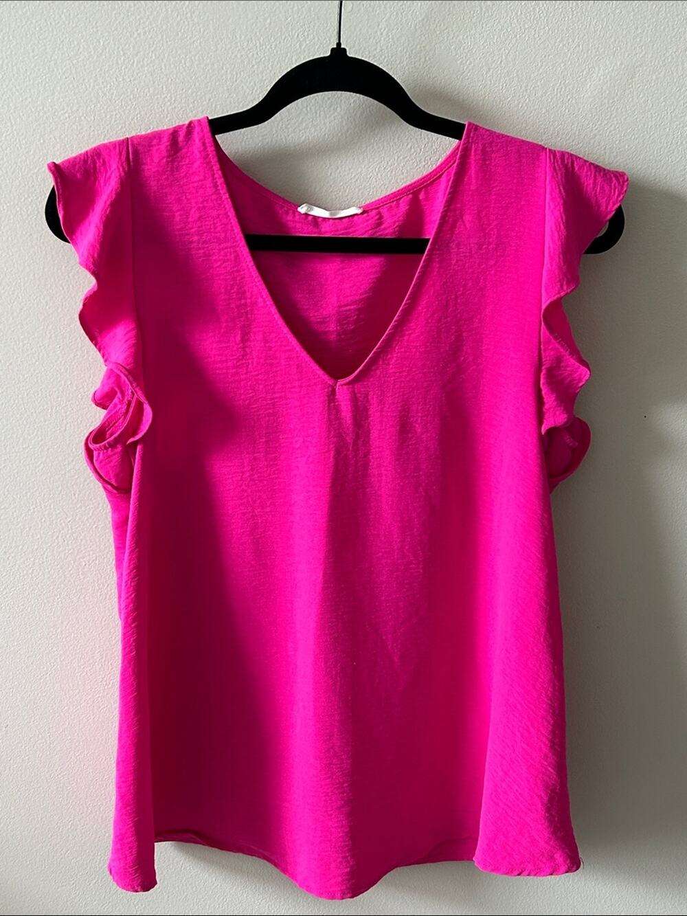 Women's V-Neck Flutter Sleeve Top - Bright Pink, Size Small